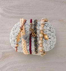 Schmuckset mit Materialien für fünf Armbänder. Verpackung zeigt bunte Perlen und verschiedene Schmuckelemente.