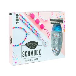 Schmuckset mit bunten Perlen und Anleitungen. Enthält Materialien für vier Schmuckstücke.