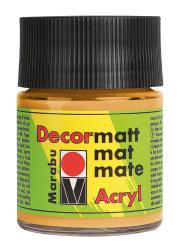 Gelber Acrylfarbe-Behälter mit schwarzem Deckel. Aufkleber mit buntem Logo und Produktname 'Decormatt Acryl'.
