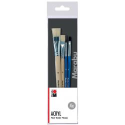 Set mit vier Acrylpinseln in verschiedenen Größen. Pinsel mit Holzgriffen und unterschiedlichen Borstenformen.