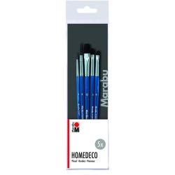 Set von fünf Pinsel in verschiedenen Größen. Die Griffe sind blau und die Borsten sind schwarz.