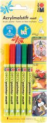 Set von fünf Acrylmalstiften in verschiedenen Farben. Verpackung zeigt bunte Illustrationen und Informationen zu den Stiften.