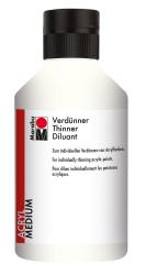Flasche mit Verdünner für Acrylfarben. Beschriftung in mehreren Sprachen.