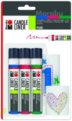 Set von vier Kerzenmalstiften in verschiedenen Farben: Blau, Pink, Grün und Perle. Verpackung zeigt dekorierte Kerzen mit Herz- und Sternmotiven.