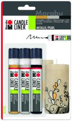 Set mit drei Kerzenmalstiften in Metallic und Perl-Farben. Verpackung zeigt eine dekorierte Kerze.