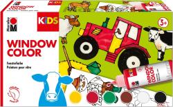 Packung mit Fensterfarbe für Kinder. Enthält eine rote Tube und verschiedene Farben sowie Tiermotive.