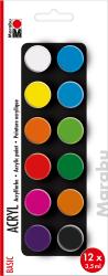 Set mit 12 Acrylfarben in verschiedenen Farben. Jede Farbe ist in einer kleinen runden Dose.