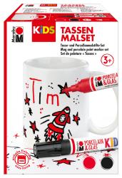 Set mit einer weißen Tasse und zwei Porzellanmalstiften. Die Tasse ist mit einem Raketenmotiv und Sternen verziert.