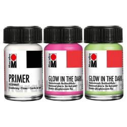 Drei Glühfarben in einem Set. Farben: Pink, Grün, Weiß. Enthält auch einen Primer. Verpackung mit bunten Sternen und Mond.