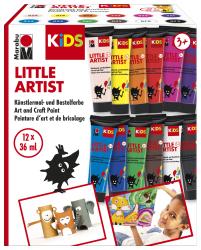Packung mit 12 Tuben Kinderfarbe in verschiedenen Farben. Enthält Beispiele für Bastelarbeiten.
