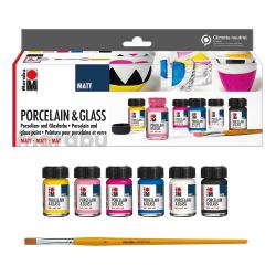 Set mit Porzellan- und Glasfarben in verschiedenen Farben. Enthält einen Pinsel und ist matt.