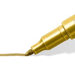 Drei Metallic-Stifte in Silber, Gold und Weiß. Verpackung zeigt florale Muster.