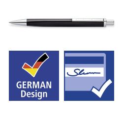schwarzer Kugelschreiber mit silberner Spitze und Clip. Schlichtes Design ohne auffällige Muster.