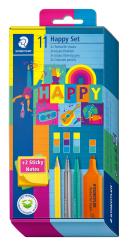 Bunt verpacktes Set mit Schreibutensilien. Enthält Textmarker, Fineliner, Buntstifte und Haftnotizen.