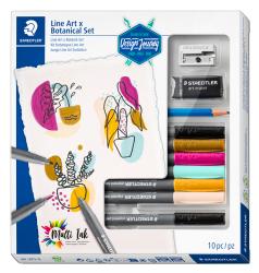 Set mit 10 Zeichen- und Malutensilien. Enthält Marker, Bleistift, Radiergummi und Anspitzer. Abgebildete Illustrationen von Pflanzen in bunten Töpfen.