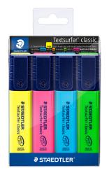 Set von vier Textmarkern in verschiedenen Farben. Die Marker sind in einer transparenten Verpackung.