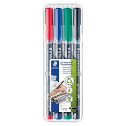 Set mit vier Permanentmarkern in den Farben Rot, Blau, Grün und Schwarz. Die Marker sind in einer durchsichtigen Verpackung.