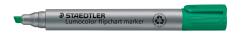 Grüner Flipchart-Marker mit breiter Spitze. Der Körper ist silberfarben und aus recyceltem Kunststoff.