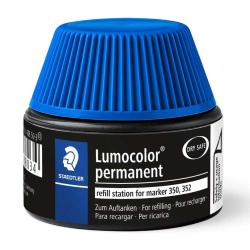 Schwarze Nachfüllstation für Lumocolor Marker. Blauer Deckel mit Rillenstruktur. Hinweis auf 'dry safe' und mehrsprachige Nachfüllanleitung.