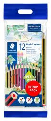 Packung mit 12 Buntstiften in verschiedenen Farben. Enthält einen Radiergummi und ist aus recyceltem Holz.