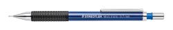 blauer Druckbleistift mit gummiertem Griff. Die Mine hat einen Durchmesser von 0,7 mm.
