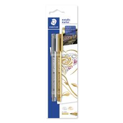 Zwei metallic Marker in Silber und Gold. Verpackung zeigt dekorative Muster.