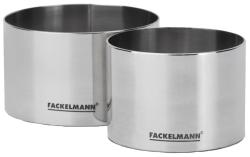 Zwei runde Ausstechformen aus Edelstahl. Verpackt mit Bildern von Gerichten.