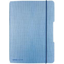 Blaues Buchcover mit strukturiertem Material. Es hat einen Gummibandverschluss.
