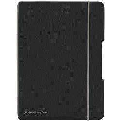 Schwarzes Buchcover mit strukturiertem Material. Gummiband zum Schließen.
