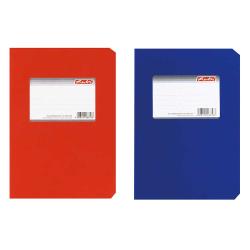 Zwei Notizhefte, eines rot und eines blau. Beide haben ein leeres Etikett auf der Vorderseite.