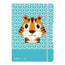 Notizbuch mit einem bunten Tigerkopf auf der Vorderseite. Hintergrund in Türkis mit einem Blattmuster.