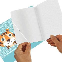 Notizbuch mit einem bunten Tiger-Motiv auf dem Cover. Die Seiten sind gepunktet und leer.