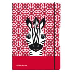 Notizbuch mit einem Zebra-Motiv auf rotem Hintergrund. Das Zebra hat große Augen und einen freundlichen Gesichtsausdruck.