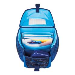 Set aus Schulrucksack, Sportbeutel, Federmappe und Brotdose. Blaues Design mit Haifischmotiven. Rucksack hat verstellbare Träger und eine Fronttasche.