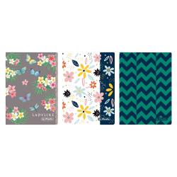 Drei Notizbuch-Cover mit verschiedenen Designs. Blumenmuster, Schmetterlinge und geometrische Formen.