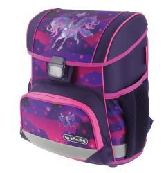 Schulranzen und Zubehör in lila und pink. Motive von Schmetterlingen und einem Einhorn.