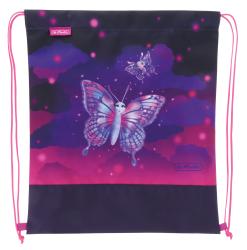 Schulranzen und Zubehör in lila und pink. Motive von Schmetterlingen und einem Einhorn.
