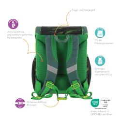 Schulranzen-Set in grün und schwarz. Enthält einen Rucksack, eine Sporttasche, ein Federmäppchen und eine Schlamperrolle. Fußballmotiv auf den Taschen. Modernes, sportliches Design.