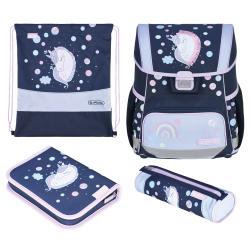 Schulrucksack und Zubehör im Einhorn-Design. Dunkelblau mit bunten Punkten und einem Regenbogen.
