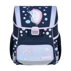 Schulrucksack und Zubehör im Einhorn-Design. Dunkelblau mit bunten Punkten und einem Regenbogen.