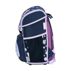 Schulrucksack und Zubehör im Einhorn-Design. Dunkelblau mit bunten Punkten und einem Regenbogen.