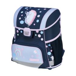 Schulrucksack und Zubehör im Einhorn-Design. Dunkelblau mit bunten Punkten und einem Regenbogen.