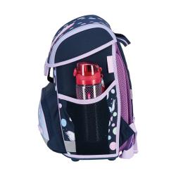 Schulrucksack und Zubehör im Einhorn-Design. Dunkelblau mit bunten Punkten und einem Regenbogen.