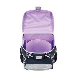 Schulrucksack und Zubehör im Einhorn-Design. Dunkelblau mit bunten Punkten und einem Regenbogen.