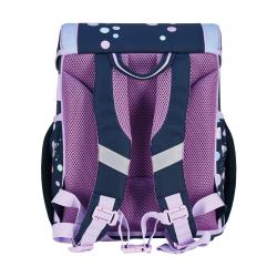 Schulrucksack und Zubehör im Einhorn-Design. Dunkelblau mit bunten Punkten und einem Regenbogen.