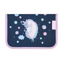 Schulrucksack und Zubehör im Einhorn-Design. Dunkelblau mit bunten Punkten und einem Regenbogen.