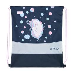 Schulrucksack und Zubehör im Einhorn-Design. Dunkelblau mit bunten Punkten und einem Regenbogen.