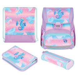 Schulranzen-Set in Pastellfarben mit Seepferdchen-Motiv. Enthält Rucksack, Sportbeutel, Federmäppchen und Schreibmappe.