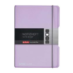 Lila Notizheft mit elastischem Band. Auf dem Cover steht 'NOTIZHEFT' und 'NOTE BOOK'.