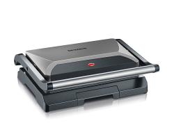 Kontaktgrill in silber und schwarz. Kompakte Bauweise mit einer glatten Grillfläche.